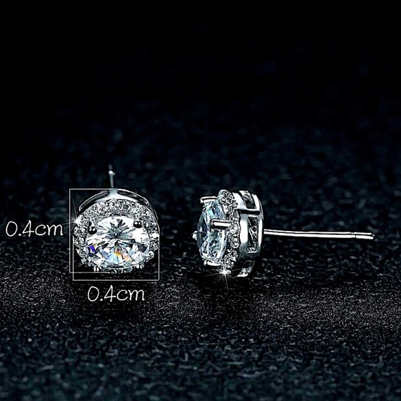 White Gold Zircon Stud Earrings, Round Cut - Picture 3 of 3